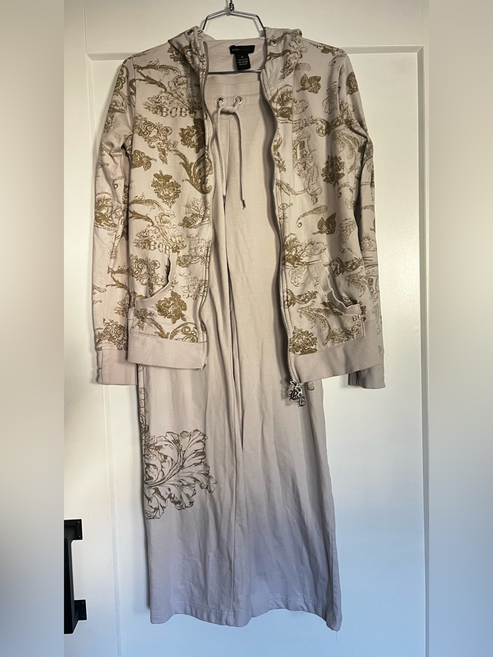 Vintage Y2K BCBG Max Azria Toile Print Hoodie & Pants Lounge Set Small Cream